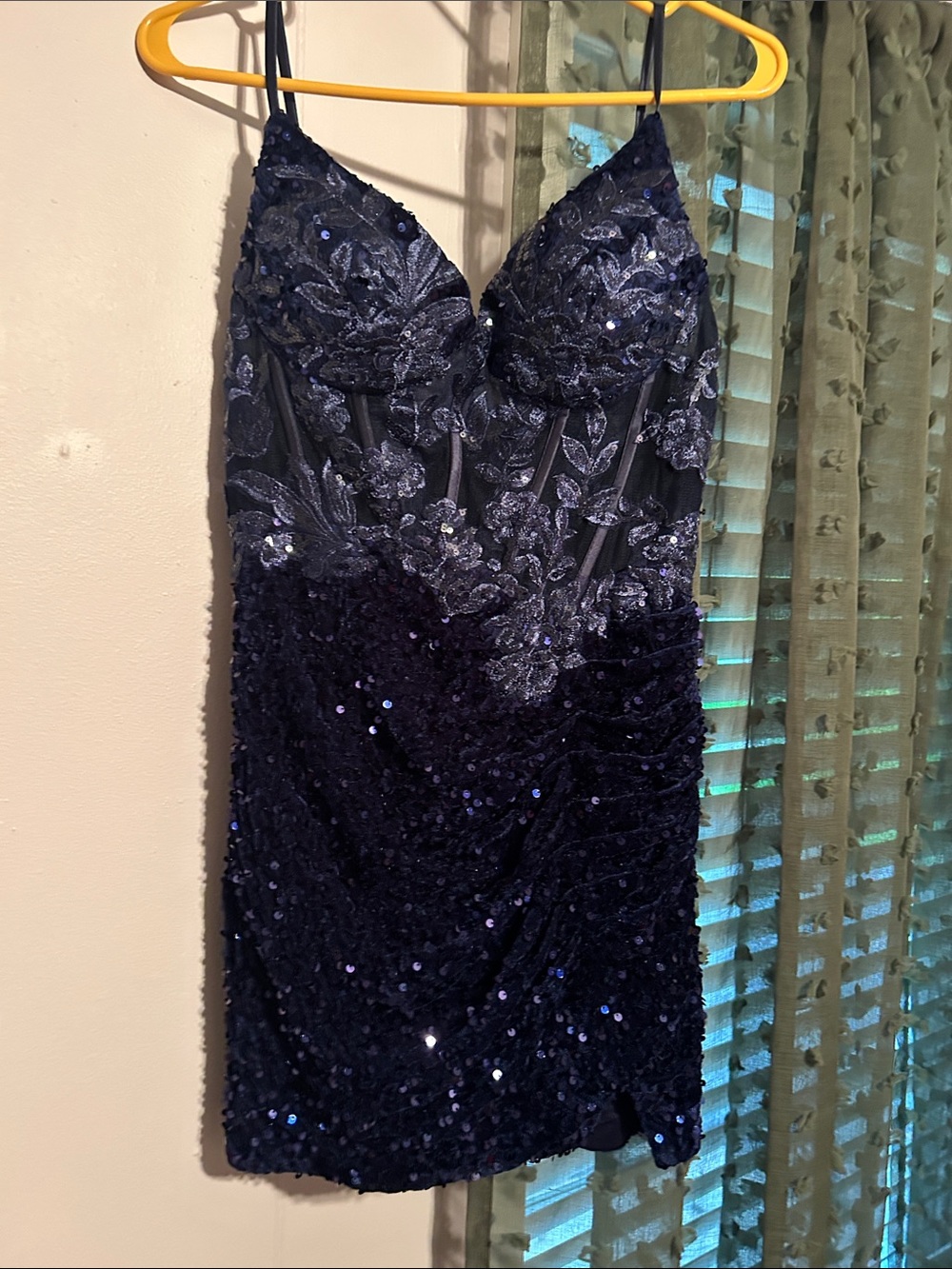 Navy Sequin Embroidered Spaghetti Strap Dress